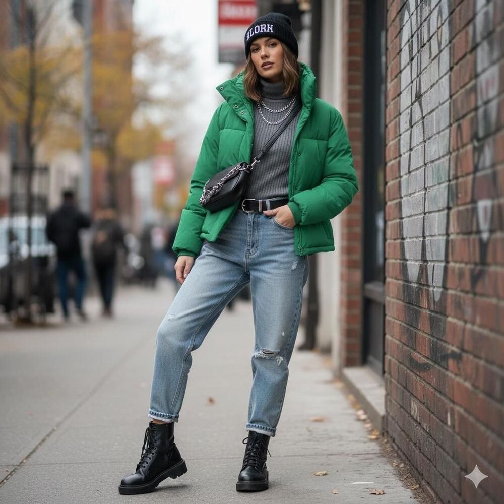 Amazon Essentials Green Cropped Puffer Jacket with High Collar